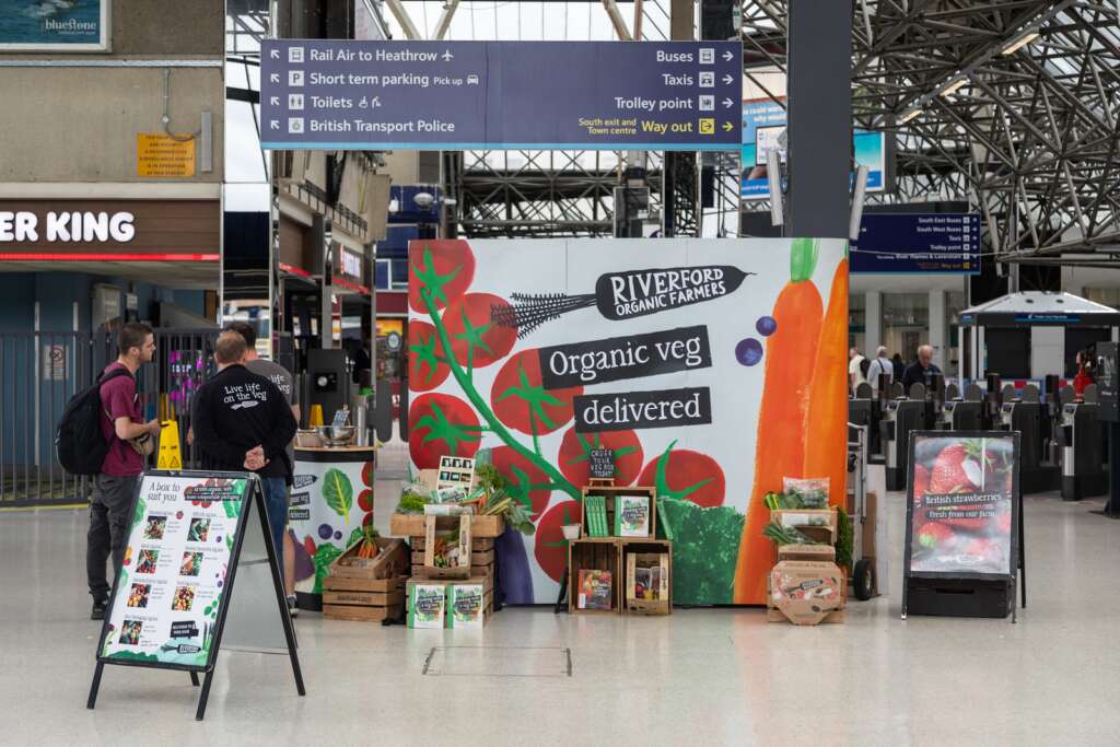 Riverford Organic Farmers Promotional Stand at Reading Station